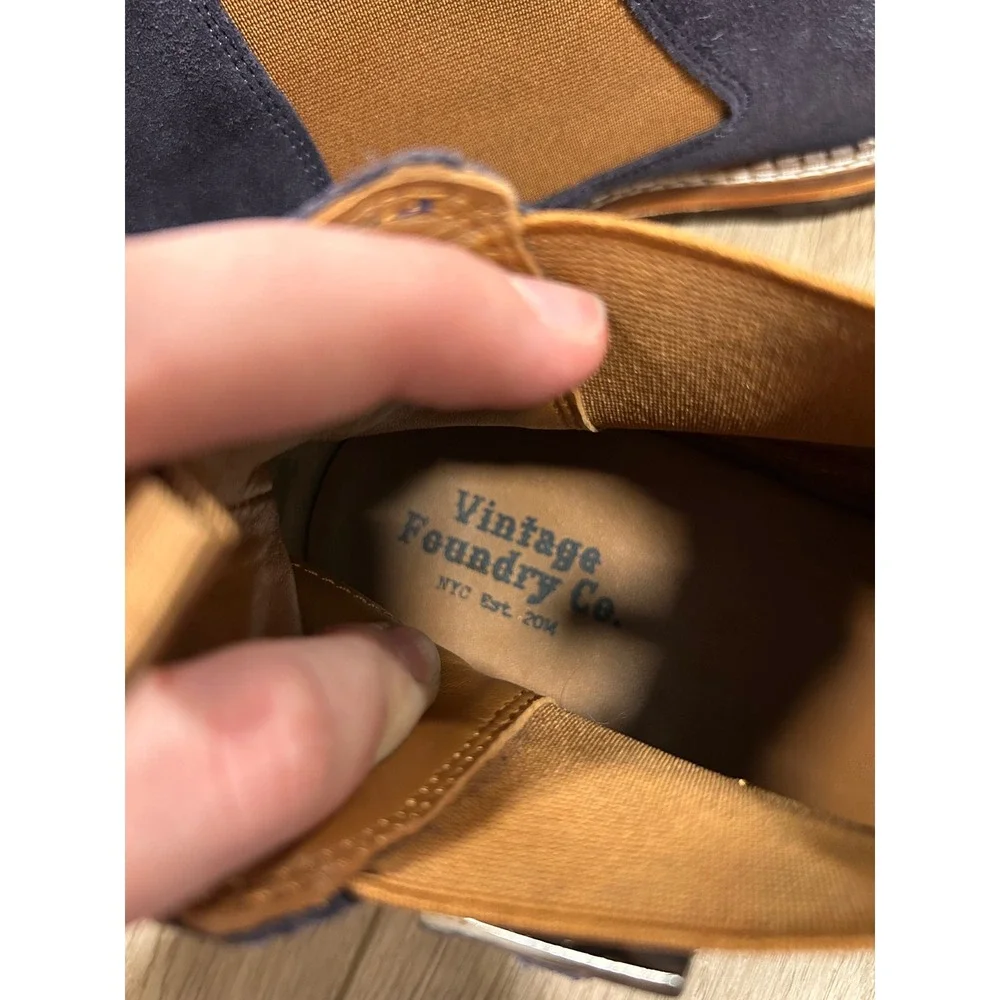 Vintage Foundry Co Mens Navy Blue Suede Monk Strap Chelsea Boots Size 9 Lug Sole